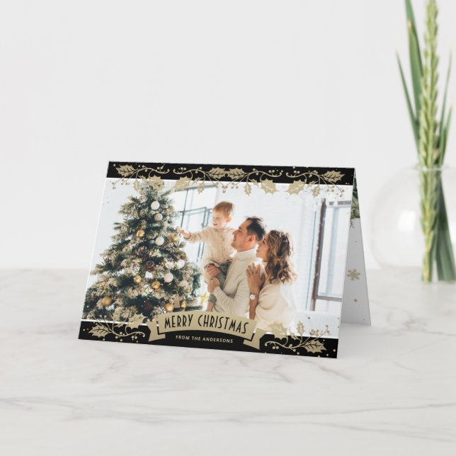 Carte Black Gold Botanical Photo Christmas Card (Devant)