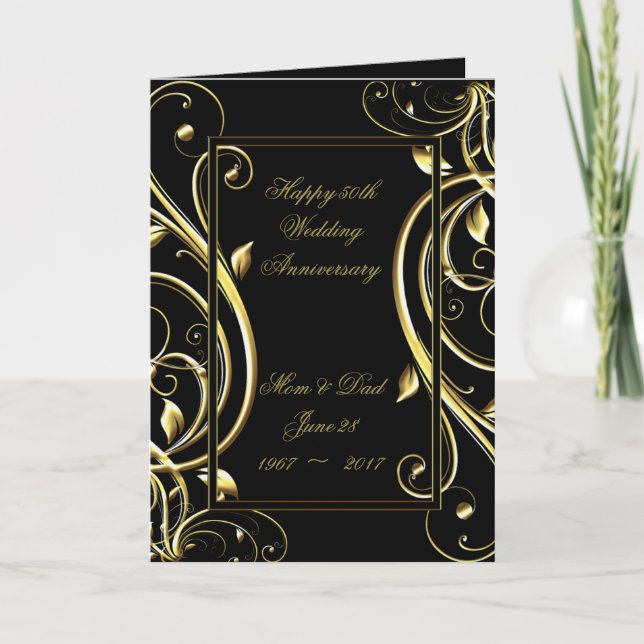 Carte Black Gold Flourish 50e anniversaire Mariage (Devant)