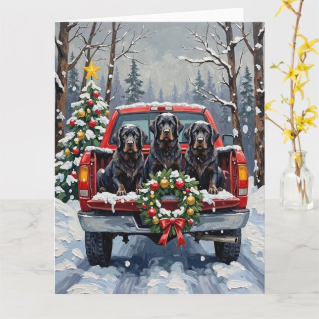 Carte Black Newfoundland Christmas Red Truck Holiday (Fleur jaune)