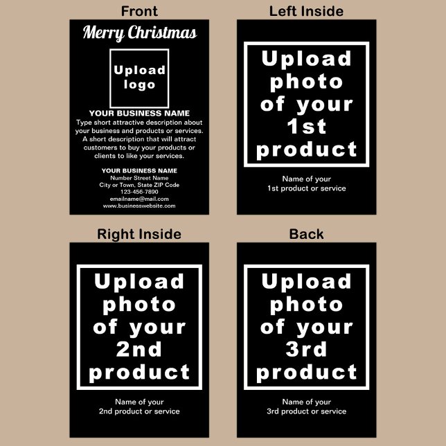 Carte Black | Noël | Business | Salutation pliée (Black Christmas folded greeting card with your business brand and products or services.)