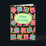 Carte Black Patchwork Quilt Block Art Happy Birthday<br><div class="desc">Say "Happy Birthday" to a quilter or quilt lover with this colorful fully customizable greeting card. Add your own words and names. The sentiment words inside the card can be customized to your own words. This original quilt art makes a vibrant color note or greeting card. Quilt art based on...</div>