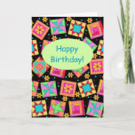 Carte Black Patchwork Quilt Block Art Happy Birthday<br><div class="desc">Say "Happy Birthday" to a quilter or quilt lover with this colorful fully customizable greeting card. Add your own words and names. The sentiment words inside the card can be customized to your own words. This original quilt art makes a vibrant color note or greeting card. Quilt art based on...</div>