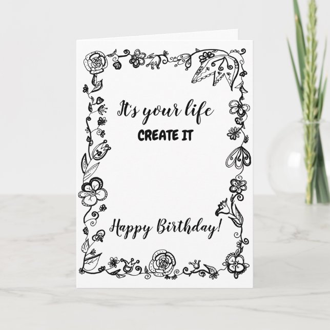 Carte Black White Monochrome Boho Floral Doodle Birthday (Devant)