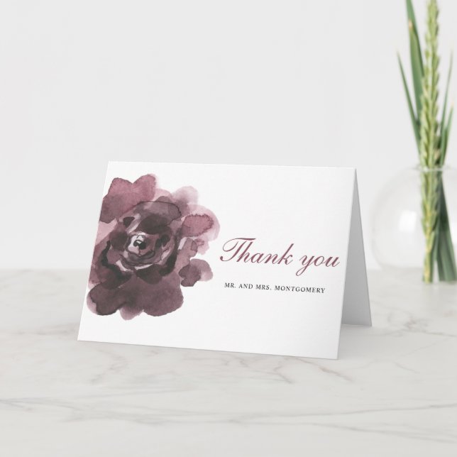 Carte blanc aquarelle bordeaux fleurs roses merci (Devant)