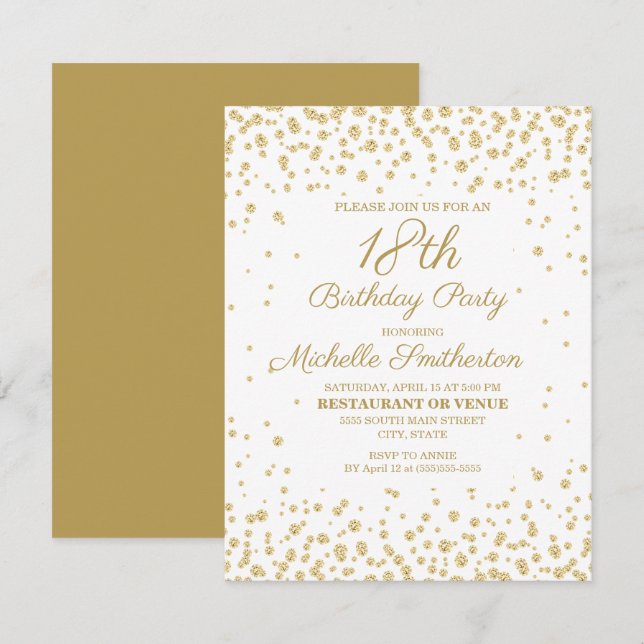 Carte Blanc Or Diamant Paillettes Femme 18e Anniversaire (Devant / Derrière)
