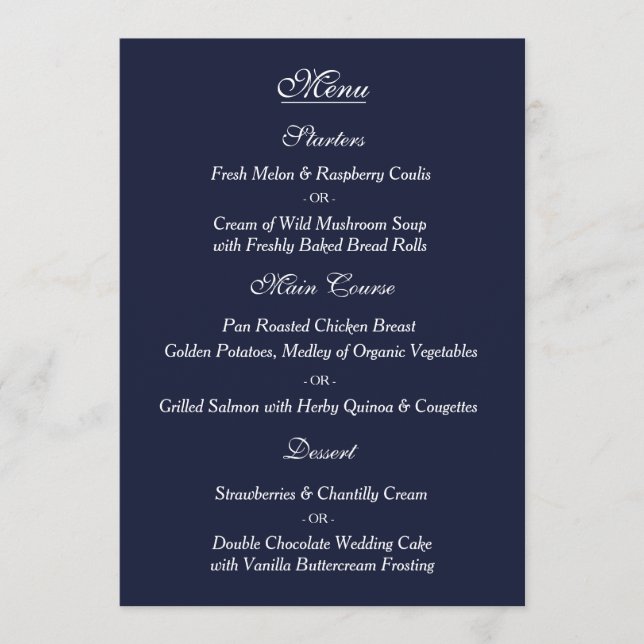 Carte blanche de menu de mariage de marine (Devant)