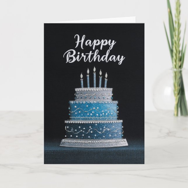 Carte BLANK INSIDE: Blue & Silver Birthday Cake Design (Devant)