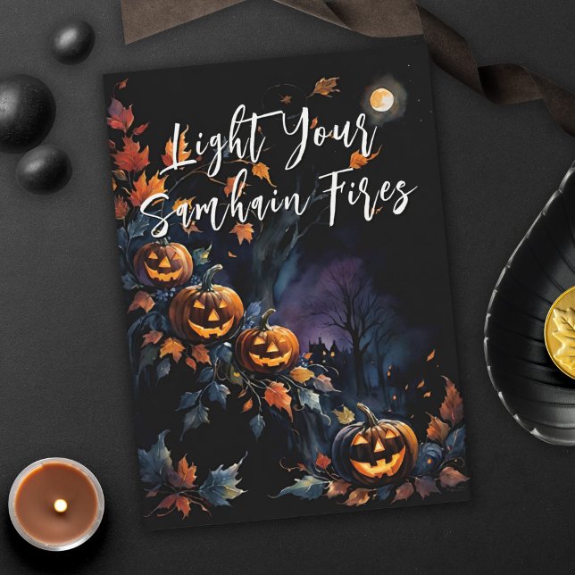 Carte Blessé Samhain nuit Halloween Citrouilles automne (Blessed Samhain Night Halloween Pumpkins Fall Fires Greeting Card)
