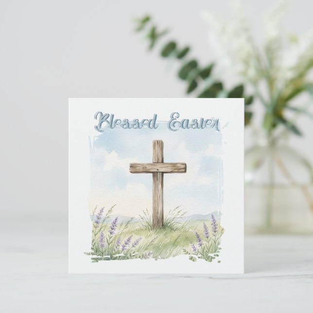 Carte Blessed Easter Watercolor Easter Cross Greeting (Debout devant)