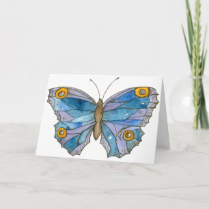 Carte Bleu Aquarelle papillon Joyeux anniversaire
