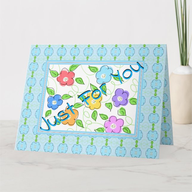 Carte Bleu Avec Floral Coloré (Devant)