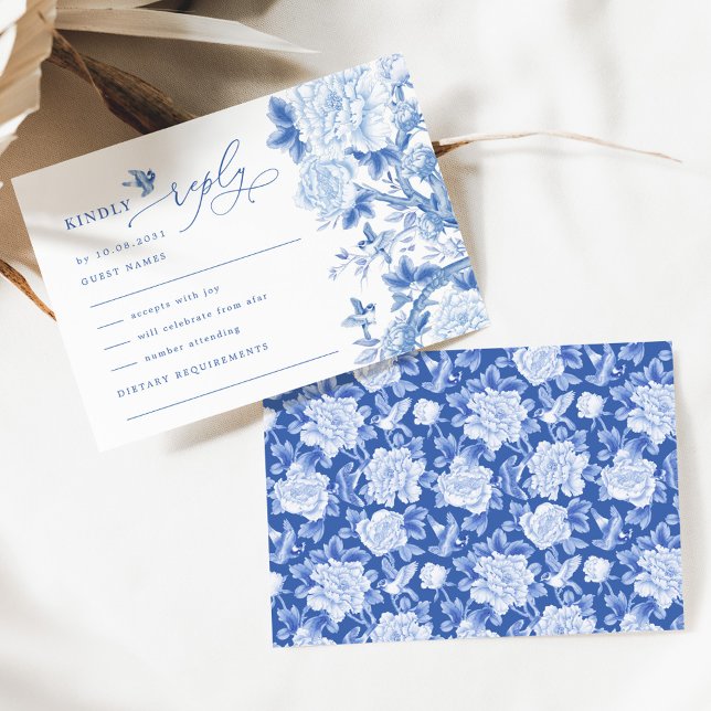 Carte Bleu Blanc Chinoiserie Bird Peony Mariage RSVP (Créateur téléchargé)