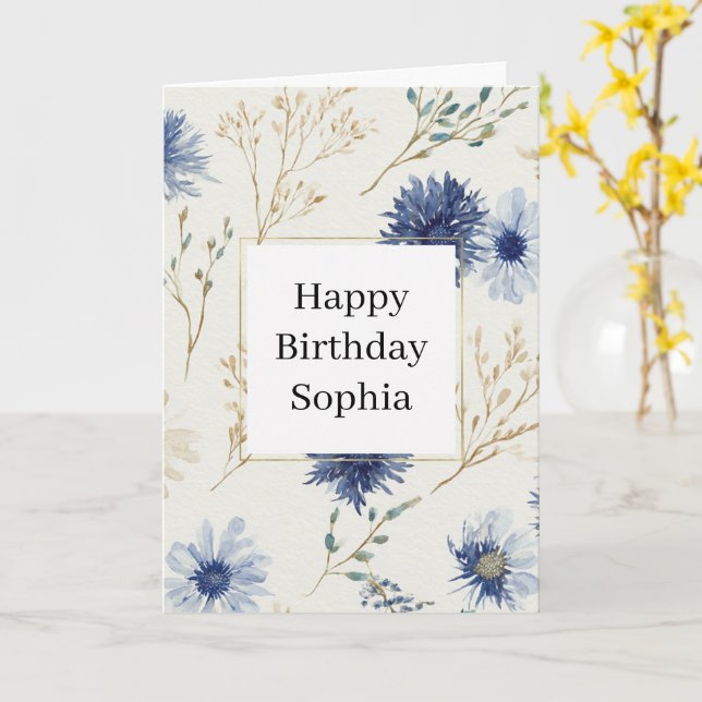 Carte Bleu Blanc Floral Anniversaire (Fleur jaune)