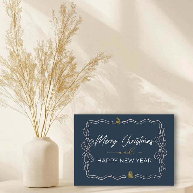 Carte Bleu : Bow & Trees Doodles Holiday Fold Card (Blue: Bow & Trees Doodles Holiday Folded Card)