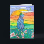 Carte Bleu Chat Joyeux anniversaire<br><div class="desc">Une joyeuse carte de voeux d'anniversaire avec un tableau coloré d'un chat de style égyptien peint en bleu, chartreuse et jaune assis dans un pré fleuri avec un paysage doré au soleil couchant et la lune cireuse de croissant dessinée à l'encre et peinte à l'aquarelle. Belle salutations d'anniversaire pour tous...</div>