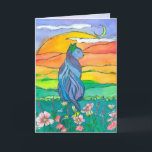 Carte Bleu Chat Joyeux anniversaire<br><div class="desc">Une joyeuse carte de voeux d'anniversaire avec un tableau coloré d'un chat de style égyptien peint en bleu, chartreuse et jaune assis dans un pré fleuri avec un paysage doré au soleil couchant et la lune cireuse de croissant dessinée à l'encre et peinte à l'aquarelle. Belle salutations d'anniversaire pour tous...</div>