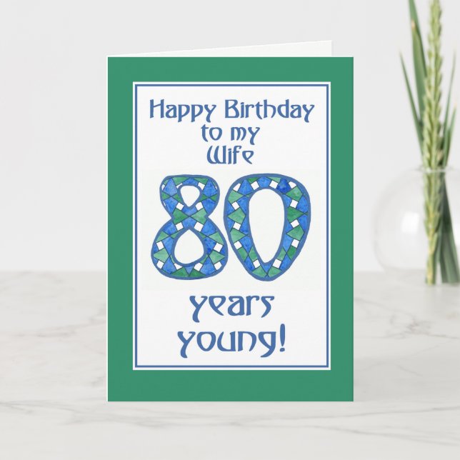 Carte Bleu chic, Vert, Blanc 80e anniversaire pour femme (Devant)