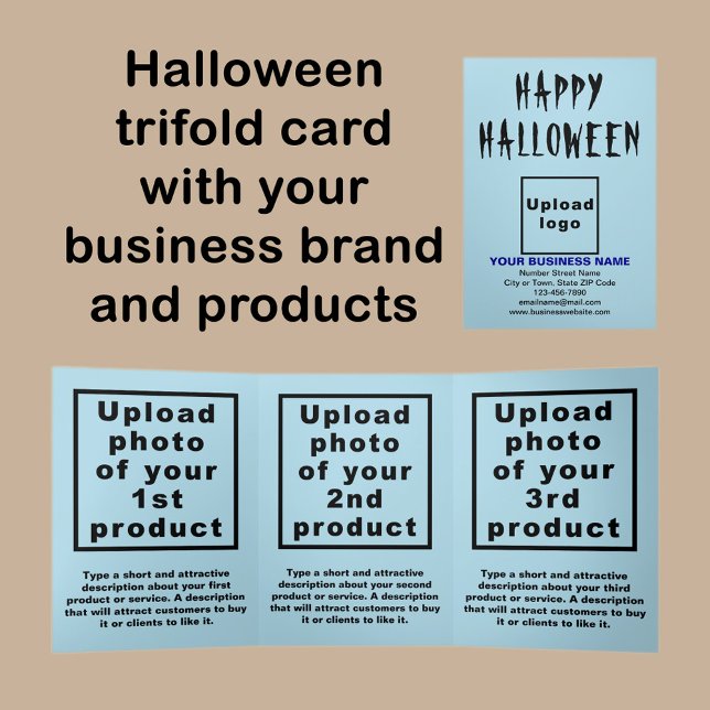 Carte Bleu clair Halloween d'affaires triples (Halloween light blue trifold card with your business brand and products or services.)