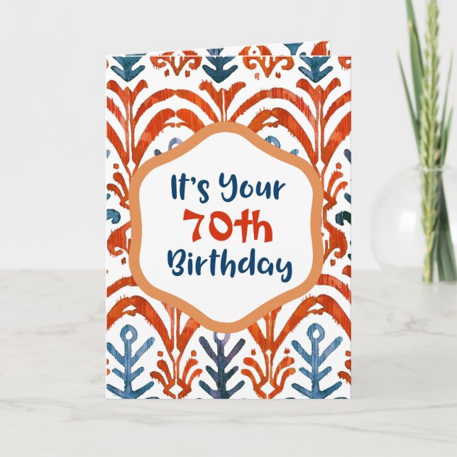 Carte Bleu clair Orange Tribal Ikat 70e anniversaire (Devant)