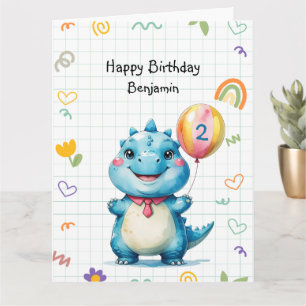 Carte Bleu Cute Dinosaur Balloon garçon fête d'anniversa