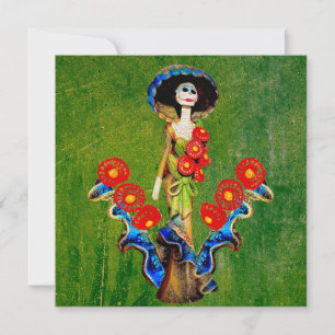Carte Bleu Doré Antique Catrina sur Vert Lavé Boho