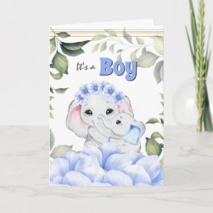 Carte Bleu éléphant bébé garçon naissance félicitations