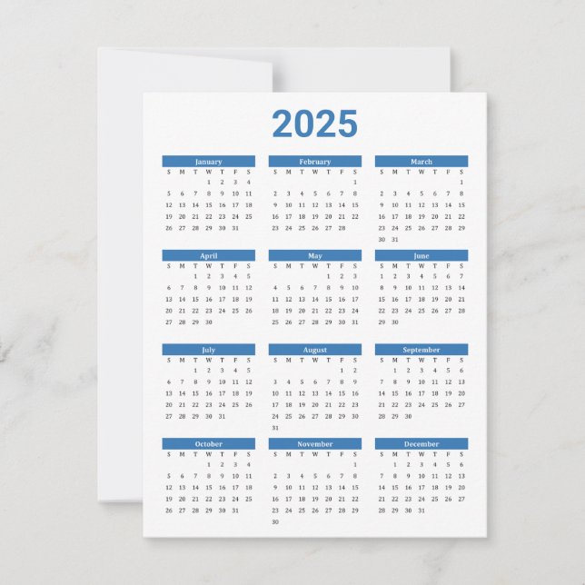 Carte Bleu et blanc 2025 Année à un coup d'oeil Calendri (Devant)
