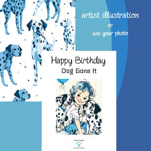 Carte Bleu et blanc illustre Dalmatien   Anniversaire