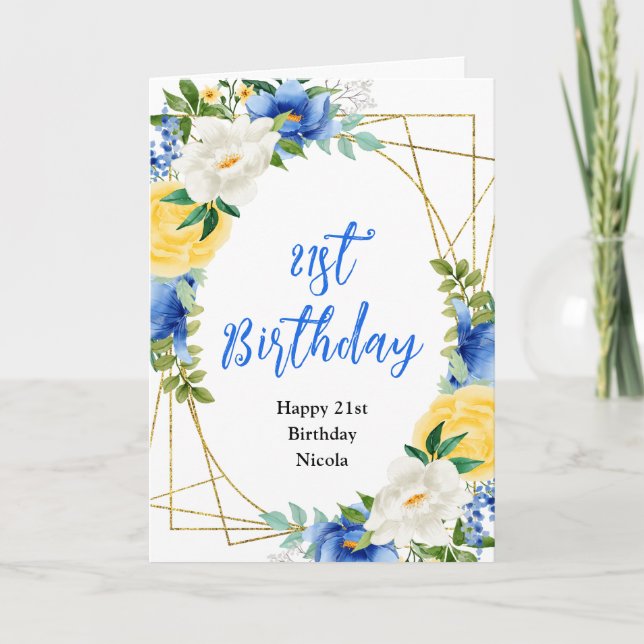 Carte Bleu et Jaune Floral Anniversaire (Devant)