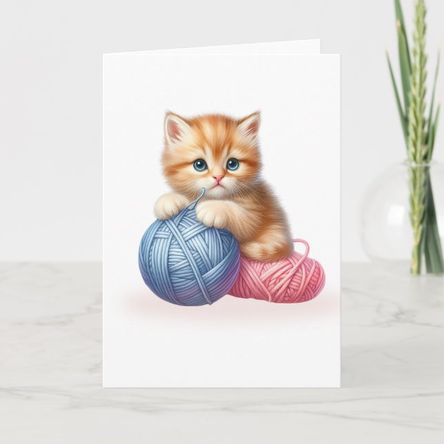 Carte Bleu et rose Fil Bright Eyed Kitten Blank Salutati (Devant)