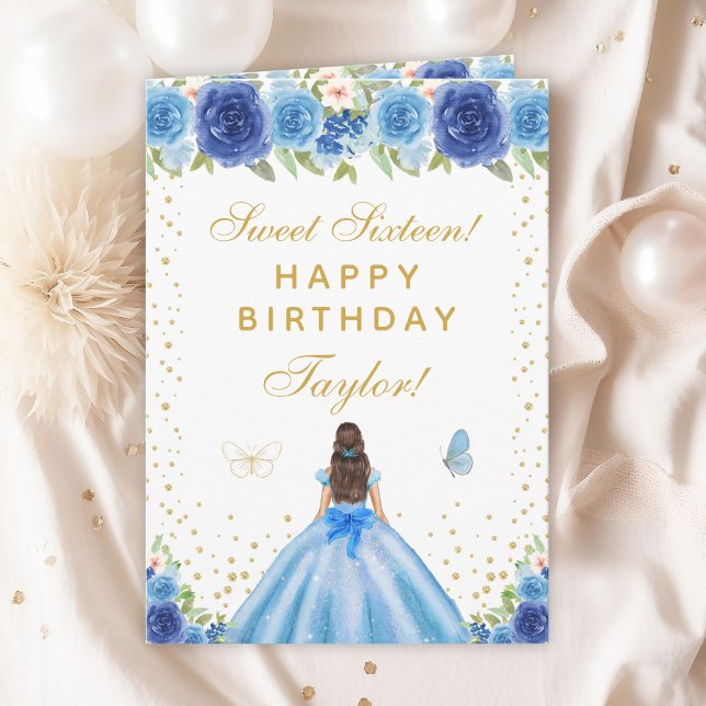 Carte Bleu Floral Brunette Cheveux fille Sweet sixteen (Créateur téléchargé)