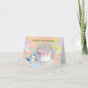 Carte Bleu mignon et gâteau Joyeux anniversaire joyeux