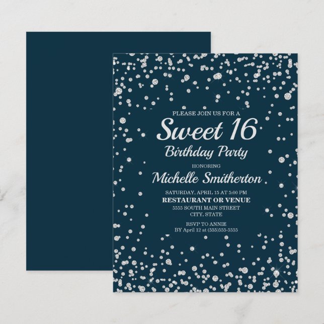 Carte Bleu Nuit Paillettes Argent Anniversaire Douce 16 (Devant / Derrière)