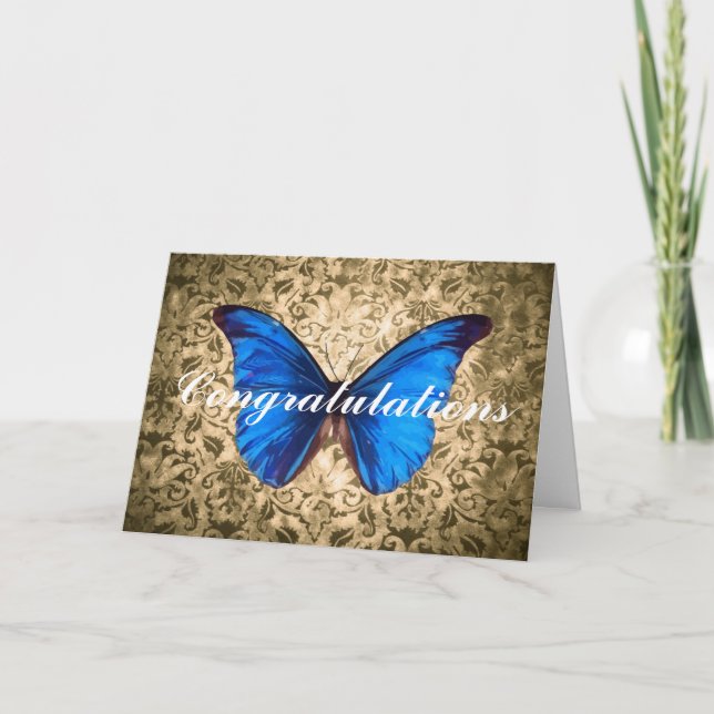 Carte Bleu papillon damassé Félicitations art Vintage (Devant)