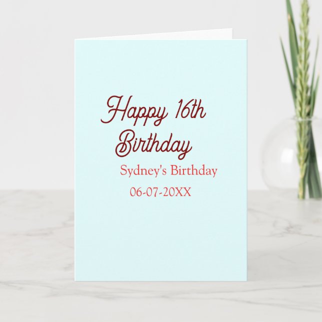 Carte Bleu pastel rouge joyeux 16e anniversaire nom date (Devant)