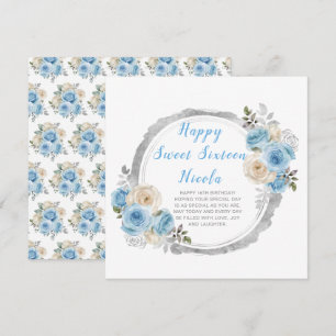 Carte Bleu Poussière Argent Élégantes Fleurs Sweet Sixte