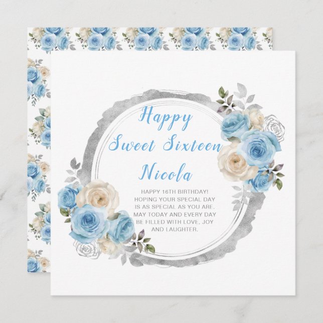 Carte Bleu Poussiéreux Fleurs Élégantes Argent Sweet Six (Devant / Derrière)