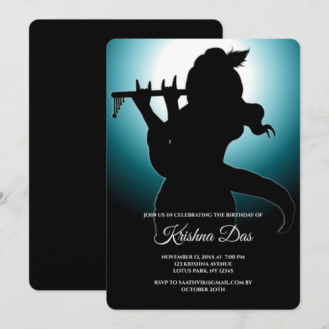 Carte Bleu Seigneur Krishna pour anniversaire - Ar (Devant / Derrière)