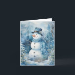 Carte Bleu Snowman mignon Casquette & Fleurs d'Écharpe A<br><div class="desc">Adorable bonhomme de neige en casquette bleu et foulard dans une forêt profitant de cette journée d'hiver froide.</div>