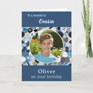 Carte Bleu Tendance Moderne Cousin Anniversaire Photo Pe