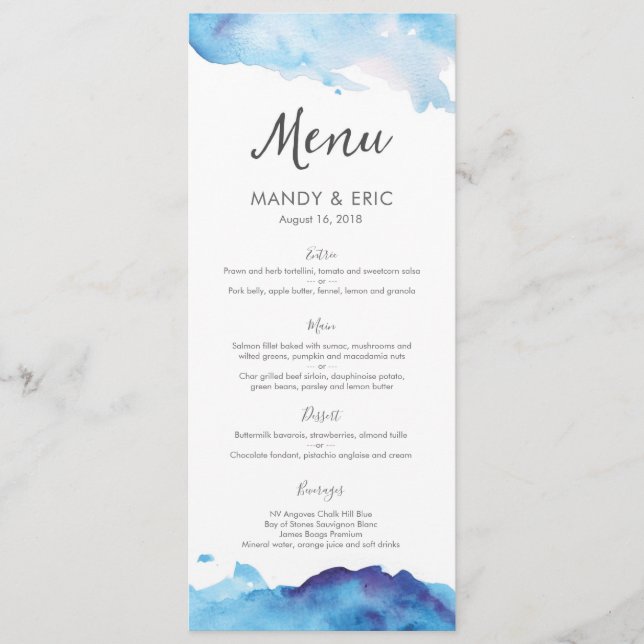 Carte bleue de menu ou de programme de mariage (Devant)