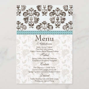 Carte bleue et Brown de menu de mariage damassé