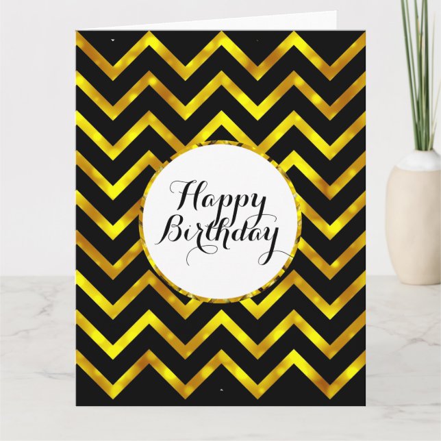 Carte Bling d'anniversaire noir chevron or | Vide (Devant)