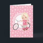 Carte Blonde Bicycle Girl<br><div class="desc">This desobjets a cute blonde girl with her pink bicycle. On pink and white cute scallop accent background.</div>