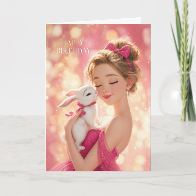Carte Blonde Girl in Hot Pink w/ Cute White Bunny BDay (Devant)