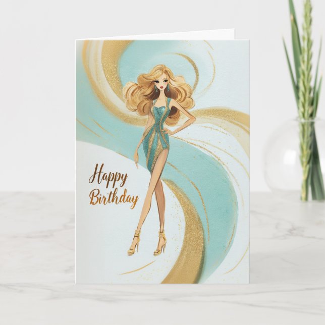 Carte Blonde Girl in Teal Gold Glam Fashionista Birthday (Devant)