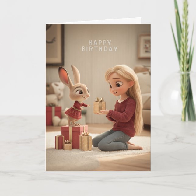 Carte Blonde Giving Bunny in Red Dress Birthday Gift (Devant)