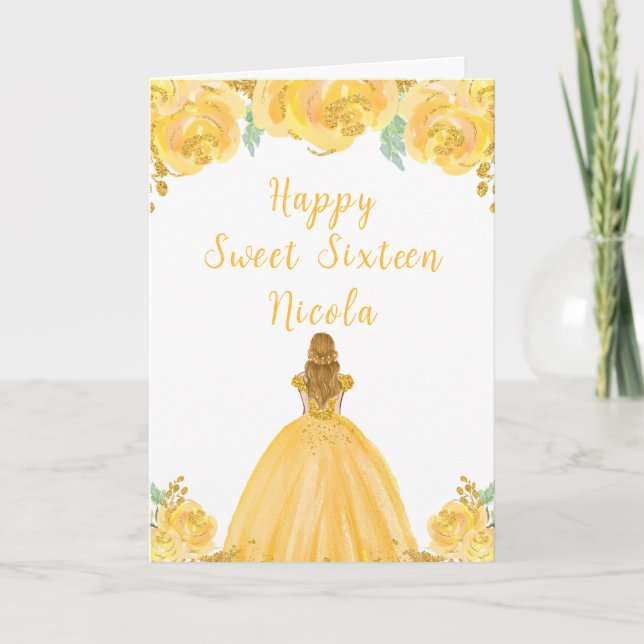 Carte Blonde Hair Princess Gold Floral Sweet sixteen (Devant)