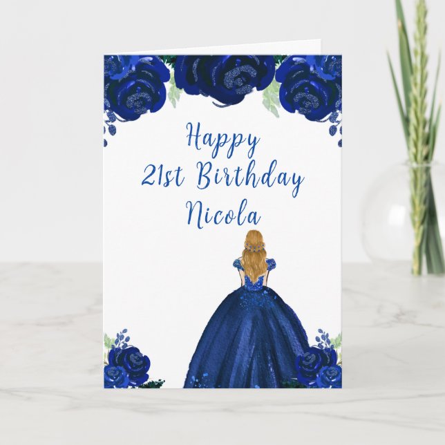 Carte Blonde Hair Princess Navy Floral Birthday Party (Devant)
