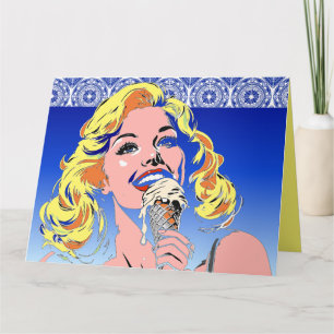 Carte Blonde Mangeant une Glace Style Pop Art Coloré des